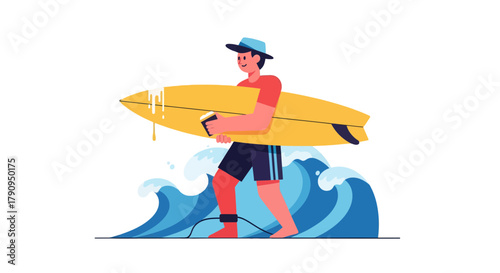 Surfer In The Ocean Holding Coffee Embracing The Sunrise After Surfing Illustration