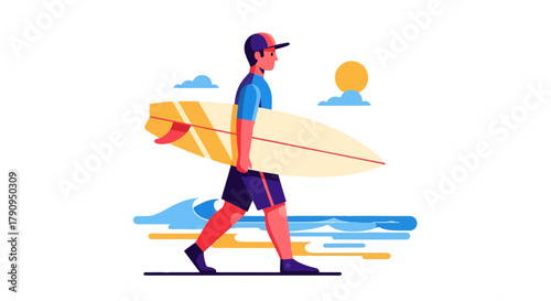 Surfer On Its Way For A Perfect Ride, Walking Towards The Ocean Sunset