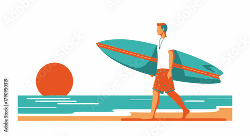 Surfer On Beach Silhouette: Warm Sunset And Tropical Waves, Ready For Summer Fun