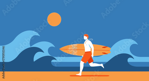 Surfer On The Shore Surfing With His Board With Clear Blue Sea And Orange Sunset