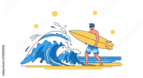 Surfer Ready to Ride a Wave at the Beach to Enjoy His Summer Vacation Moments