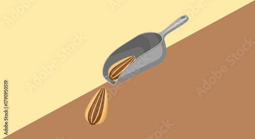 Sunflower Seeds and Scoop Composition on Two Toned Background in Vector Illustration Style