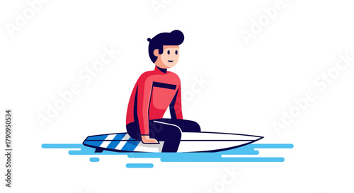 Surfer Resting On Board, Bright Illustration Against a Black Backdrop, Waiting for Waves, Calm