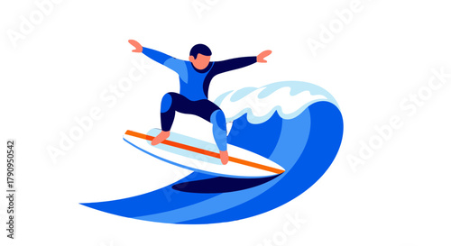 Surfer Riding A Giant Wave Under The Dark Sky, Artistic Illustration, Flat Design