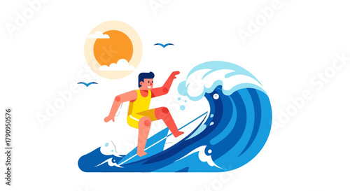 Surfer Riding A Giant Wave Under The Sun With Birds Silhouetted In The Sky