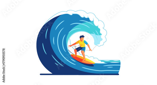 Surfer Riding A Giant Wave Under The Sun Towards The Beautiful Summer Seaside