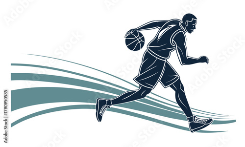 Basketball Player Running Dribble Vector Logo, Dynamic Court Action Icon, Teal Wave Athlete Graphic, Silhouette Art