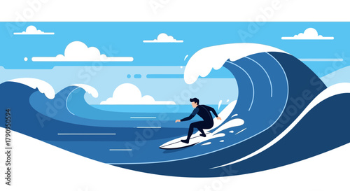 Surfer Riding Giant Wave Under a Clear Sky in an Attractive and Refreshing Illustration