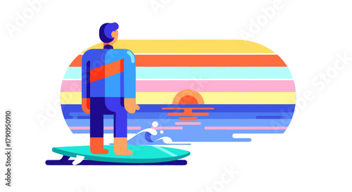 Surfer Standing Steadfastly On A Board With Sunset And Ocean Backdrop Design