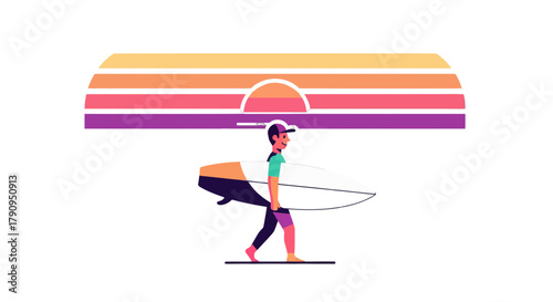 Surfer Walking Toward Horizon Under Stylized Sunset Minimalist Vector Illustration