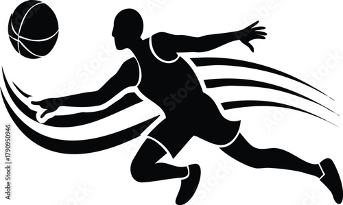 Basketball Dribbling Silhouette Vector Logo, Dynamic NBA Action Icon, Fast Break Athlete Graphic, Black White Swoosh Art