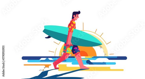 Surfer Walking Toward Tropical Paradise With Surfboard On Beach at Sunset Illustration