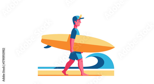 Surfer Walking Toward Waves With Board, Illustrated Minimalism, Beachside Adventure