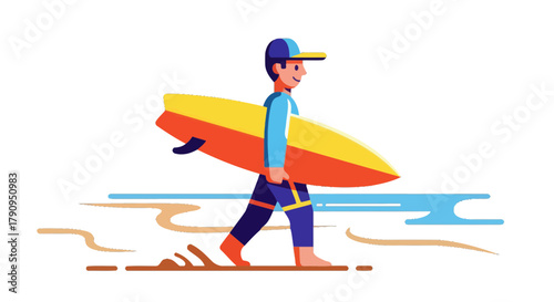 Surfer Walking Toward The Surfboard, Ready To Ride The Waves, Minimalist Style