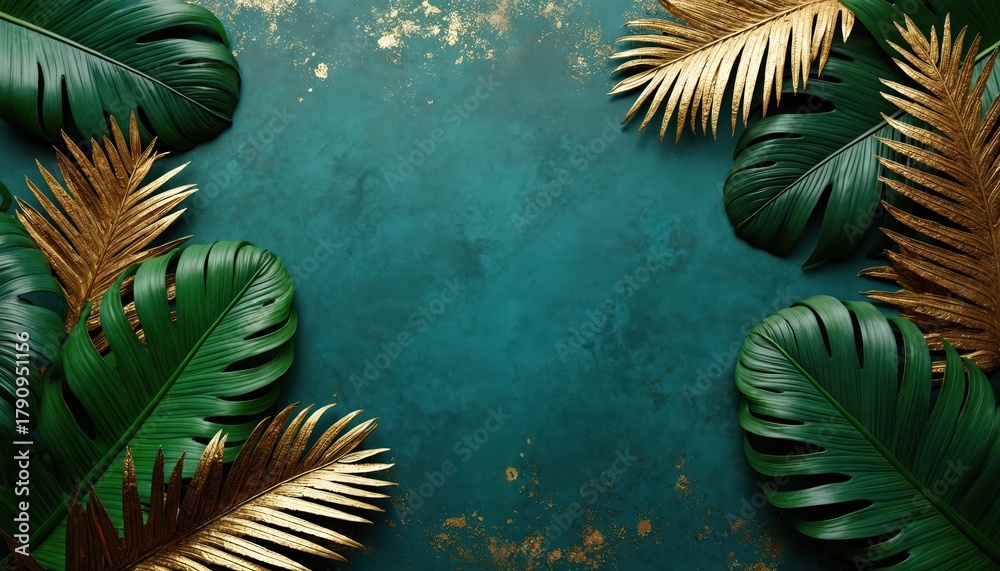 Fototapeta premium Emerald green monstera and golden palm leaves arranged on dark teal textured backdrop with gold flecks. Lush foliage offers natural elegant design element.