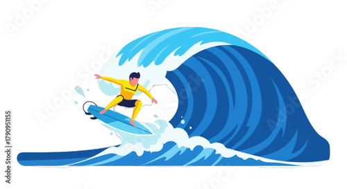 Surfing Competitor With Dynamic Wave Riding Towards A High Blue Water Breaker