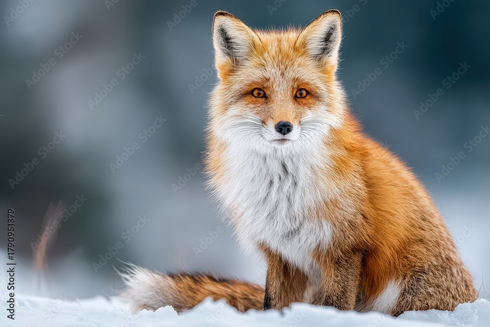 Obraz premium Fox with bright eyes sitting in soft light on snow