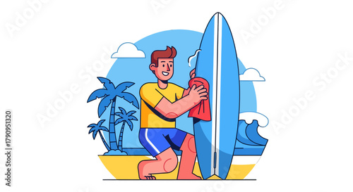 Surfer Cleans Surfboard After Beach Adventure On Sunny Tropical Day Illustration