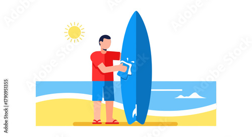 Surfer Cleans Surfboard Before Surfing In The Ocean During A Sunny Day