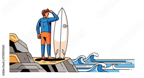 Surfer Contemplates the Rolling Waves Preparing for the Perfect Surf Day Adventure