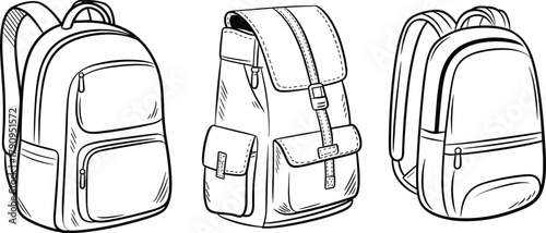 Realistic backpack CAD mockup flat vector illustration, modern travel bag design, fashion accessory drawing, school backpack template, detailed outline sketch