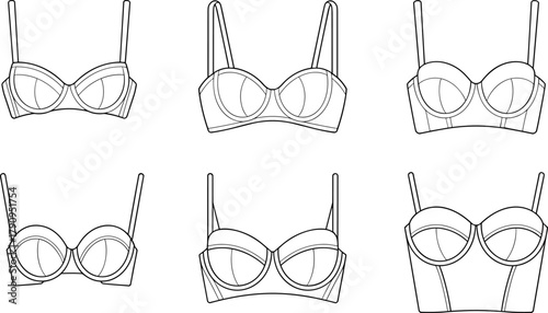 Set of lingerie bra bustier cup sewing template technical fashion garment pattern mockup , cad drawing flat vector illustration