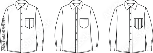 Set of men shirt front technical sewing template button up long sleeve pocket options formal garment mockup apparel tech pack cad drawing flat vector illustration