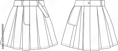 Pleated skirt CAD drawing, technical flat vector illustration with flap detail, fashion design template