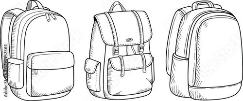 Realistic backpack CAD mockup flat vector illustration, modern travel and school bag design, fashion accessory outline drawing