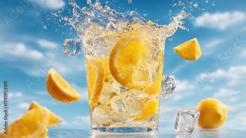 A tall glass filled with ice and lemon wedges splashes as water is poured into it. The scene captures the feeling of summer and refreshment under a bright blue sky.