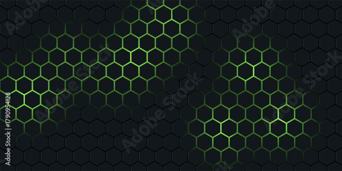 Dark hexagonal technology vector abstract background. Green bright energy flashes under hexagon in futuristic illustration modern technology background. Dark honeycomb texture grid.
