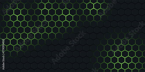 Dark hexagonal technology vector abstract background. Green bright energy flashes under hexagon in futuristic illustration modern technology background. Dark honeycomb texture grid.