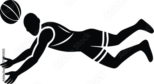 Basketball Dive Silhouette Illustration – Player Hustling for Loose Ball, Dynamic Sports Vector Art for Athletic Graphic Design