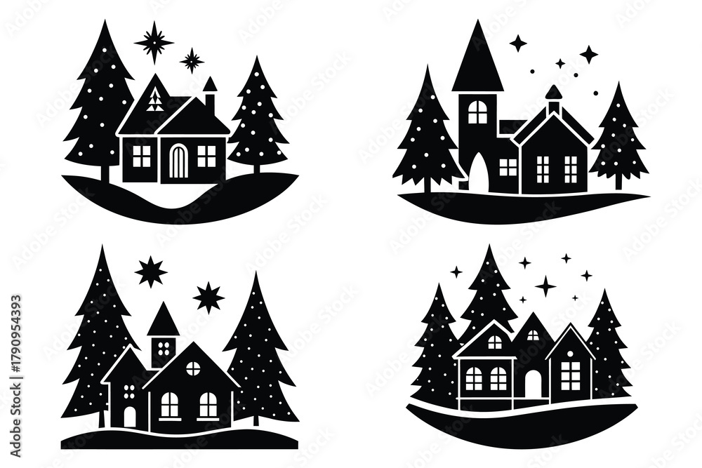 Fototapeta premium christmas village vector icon set, black color and white background