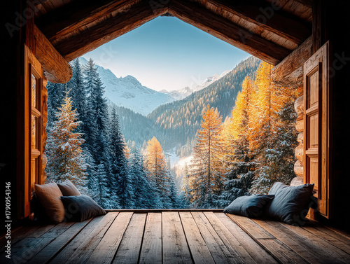cabin window with snow outside