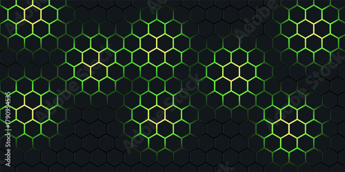 Dark hexagonal technology vector abstract background. Green bright energy flashes under hexagon in futuristic illustration modern technology background. Dark honeycomb texture grid.