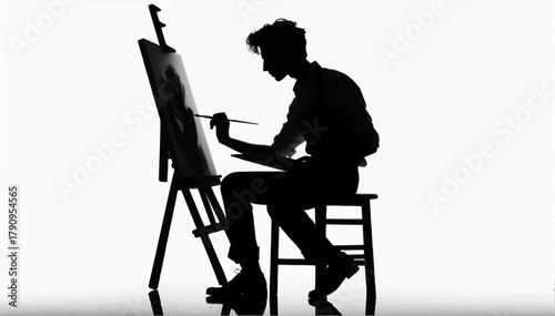 Black and white illustration of an artist's silhouette drawing at an easel. Vector graphics. EPS.