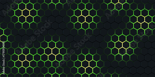 Dark hexagonal technology vector abstract background. Green bright energy flashes under hexagon in futuristic illustration modern technology background. Dark honeycomb texture grid.