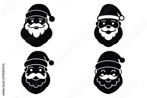 santa claus face icon set, black color and white background