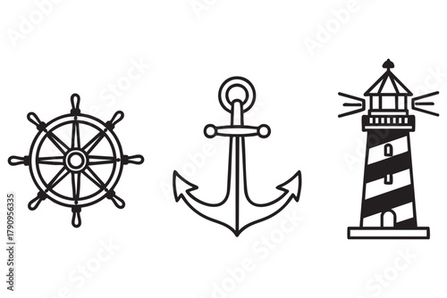 Nautical symbols vector illustration: ship wheel, anchor, lighthouse, marine. isolated on transparent background