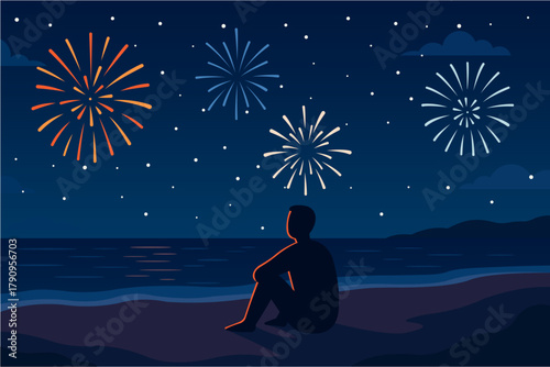 Peaceful Night Beach with Fireworks – Flat Design Illustration