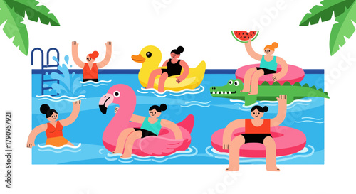 Summer Fun: Illustrative Composition Of People Swimming And Enjoying The Pool Time