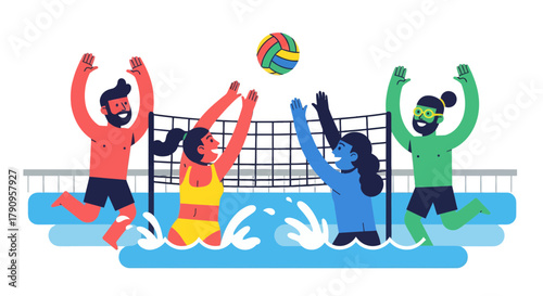 Summer Fun: Friends Play Beach Volleyball in the Water with Sun and Sunshine Vibe