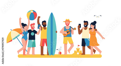 Summer Fun: Friends Enjoying the Beach with Surfboards, Ukulele, and a Vibrant Beach Scene
