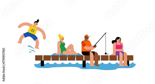 Summer Fun On A Dock With Friends, Swimming, Fishing, And Enjoying Peaceful Moments
