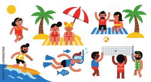 Summer Fun On The Beach: Surfing, Sunbathing, Swimming, And Playing Volleyball