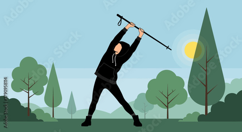 Stretching With Pole In Nature Depicting Healthy Lifestyle And Outdoor Activities