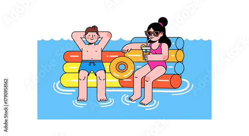 Summer Holiday Fun: Couple Relaxing on a Floating Raft Enjoying Drinks in the Pool