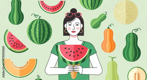 Summer Imagery: A Vibrant Woman Surrounded by Delicious Watermelon and Melon Fruits