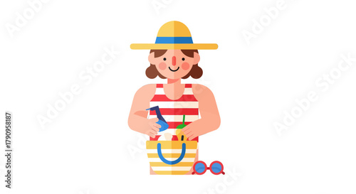 Summer Outing Preparation With Attractive Person, Hat And Bag On Black Backdrop